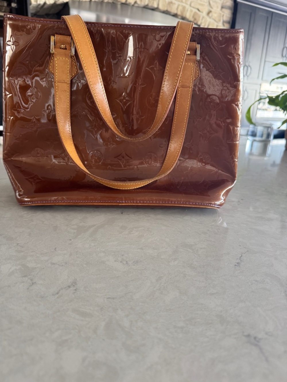 Louis Vuitton Brown Patent Monogram Tote with Tan Straps